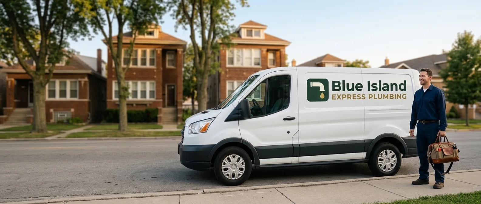 Blue Island Express Plumbing service van parked on a residential street in Blue Island, Illinois, with a plumber beside it